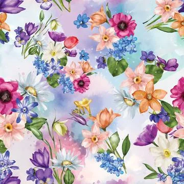 Seamless repeating pattern hand-drawn floral flower blossom Stock Illustration