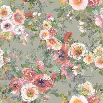 Seamless repeating pattern hand-drawn floral flower blossom Illustrazione stock