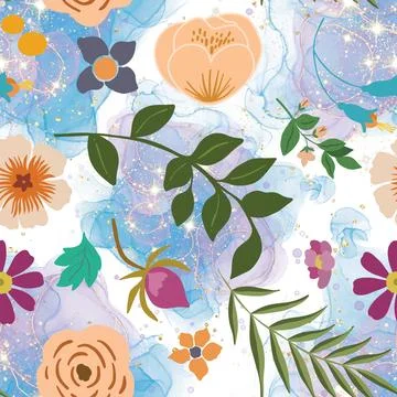 Seamless repeating pattern hand-drawn floral flower blossom Stock Illustration