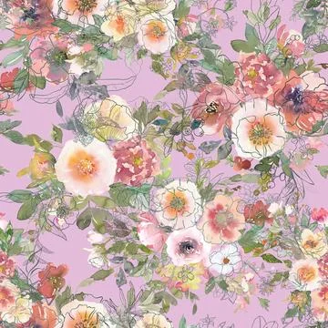 Seamless repeating pattern hand-drawn floral flower blossom 스톡 일러스트