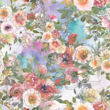 Seamless repeating pattern hand-drawn floral flower blossom Stock Illustration