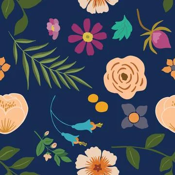 Seamless repeating pattern hand-drawn floral flower blossom Stock Illustration