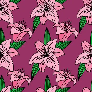 Seamless repeating pattern of large pink lily flowers on a purple background Illustrazione stock