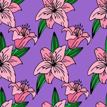 Seamless repeating pattern of large pink lily flowers on a purple background Stock Illustration