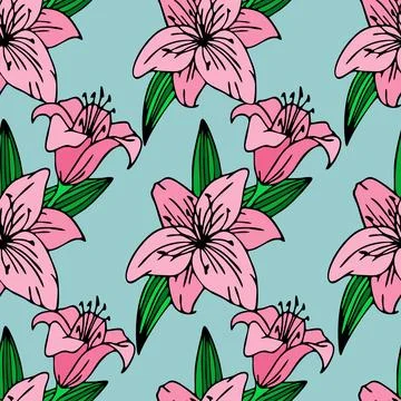 Seamless repeating pattern of large pink lily flowers on a light blue Illustrazione stock