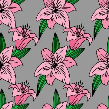 Seamless repeating pattern of large pink lily flowers on a gray background Illustrazione stock