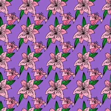 Seamless repeating pattern of large pink lily flowers on a purple 스톡 일러스트
