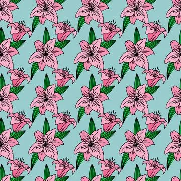 Seamless repeating pattern of large pink lily flowers on a light blue Stock Illustration