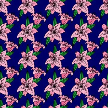 Seamless repeating pattern of large pink lily flowers on a blue background Illustrazione stock
