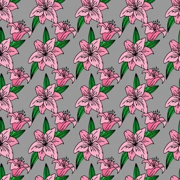 Seamless repeating pattern of large pink lily flowers on a gray background,.. Illustrazione stock
