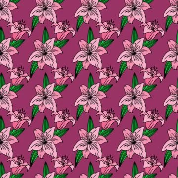 Seamless repeating pattern of large pink lily flowers on a purple backgroun.. Stock Illustration