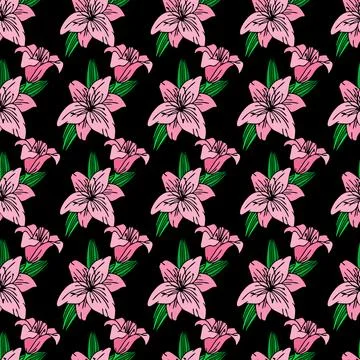 Seamless repeating pattern of large pink flowers on a black background, tex.. 스톡 일러스트