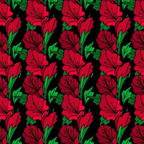 Seamless repeating pattern of large red flowers on a black background 스톡 일러스트