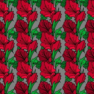 Seamless repeating pattern of large red flowers on a gray background 스톡 일러스트