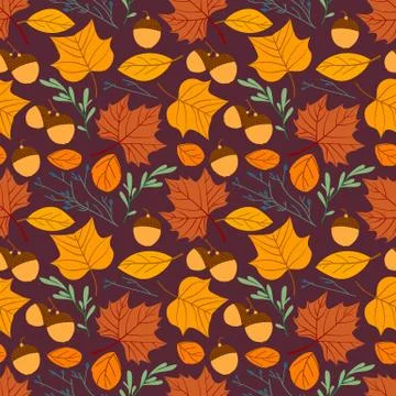 Seamless repeating pattern with leaves, acorns and branches on cream backgrou Иллюстрация