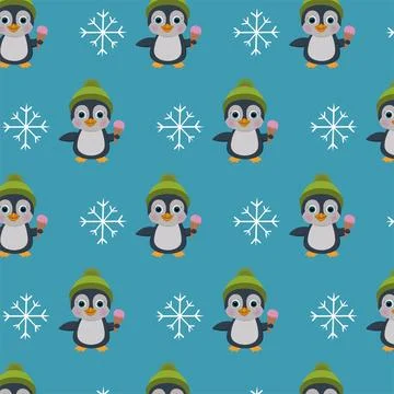 Seamless repeating pattern of penguins with snowflakes Stock Illustration