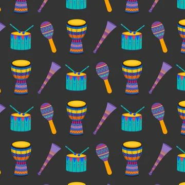 Seamless repeating pattern of percussion instruments. Stock Illustration