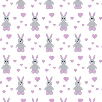 Seamless repeating pattern of plush hares with hearts. Stock Illustration