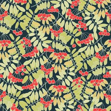 Seamless repeating pattern with rowan tree branches and ashberries. Colorful  Ilustración de archivo