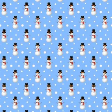 Seamless repeating pattern of snowmen on a blue background. Stock Illustration