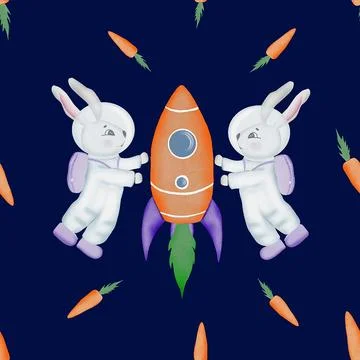 Seamless repeating pattern on the space theme. cute heroes rabbits astronauts Stock Illustration