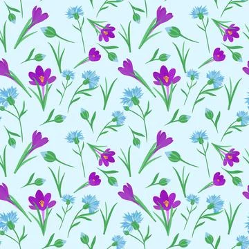 Seamless repeating pattern with spring flowers. Phlox flowers and cornflowers. Иллюстрация