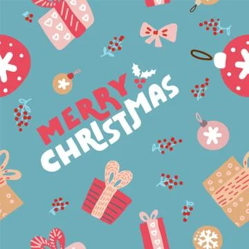 Seamless repeating pattern with textured Christmas gift boxes, balls, baubles Stock Illustration