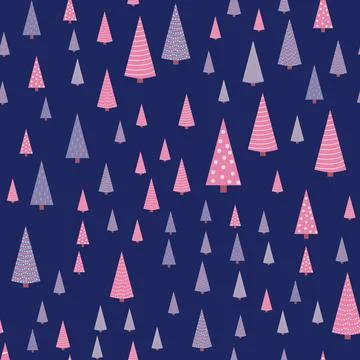 Seamless repeating pattern with textured Christmas trees in black, pastel pin Stock Illustration