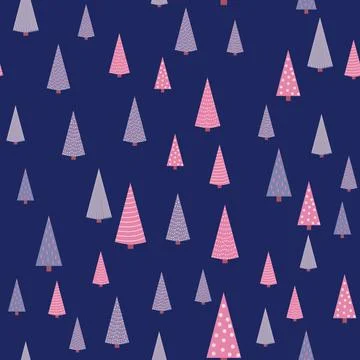 Seamless repeating pattern with textured Christmas trees in black, pastel pin Stock Illustration