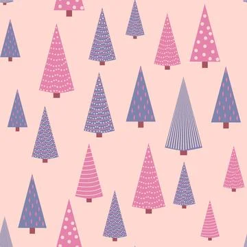 Seamless repeating pattern with textured Christmas trees in black, pastel pin Stock Illustration