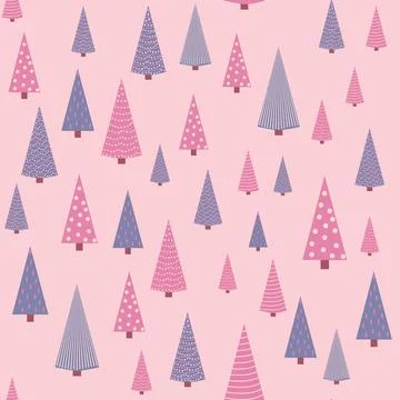 Seamless repeating pattern with textured Christmas trees in black, pastel pin Stockillustratie