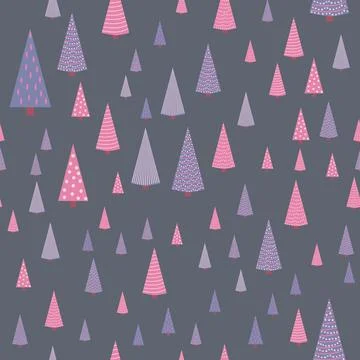 Seamless repeating pattern with textured Christmas trees in black, pastel pin 스톡 일러스트