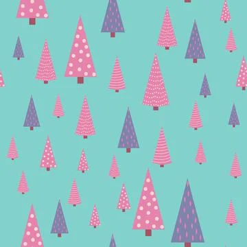 Seamless repeating pattern with textured Christmas trees in black, pastel pin Stock Illustration