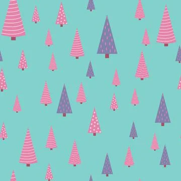 Seamless repeating pattern with textured Christmas trees in black, pastel pin Stock Illustration