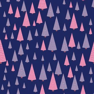 Seamless repeating pattern with textured Christmas trees in black, pastel pin 스톡 일러스트