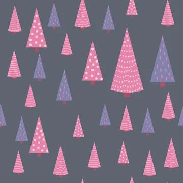 Seamless repeating pattern with textured Christmas trees in black, pastel pin Stock Illustration