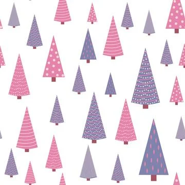 Seamless repeating pattern with textured Christmas trees in black, pastel pin Stock Illustration