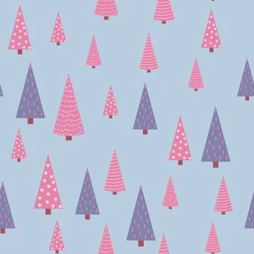 Seamless repeating pattern with textured Christmas trees in black, pastel pin Stock Illustration