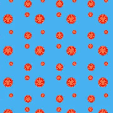Seamless repeating pattern of tomato slices on a blue background. Illustrazione stock