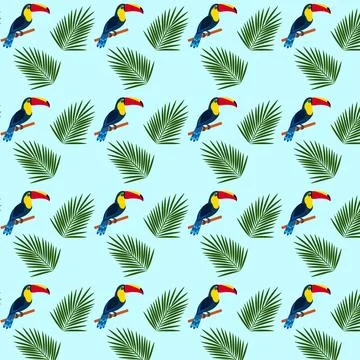 Seamless repeating pattern of toucans with tropical leaves. Stock Illustration