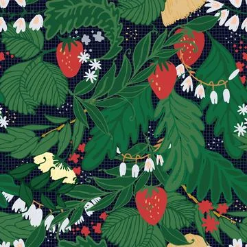 Seamless repeating pattern. Tree branches with strawberries and lilies of the Stock Illustration
