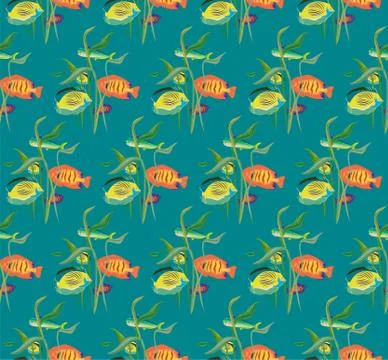 Seamless repeating pattern from a variety of fish and algae 库存插图