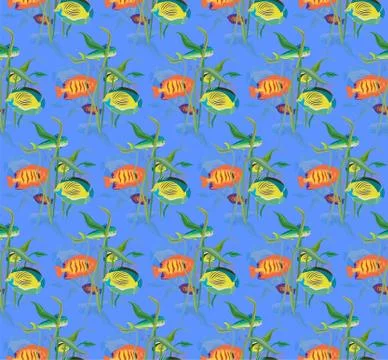 Seamless repeating pattern from a variety of fish and algae Stock Illustration