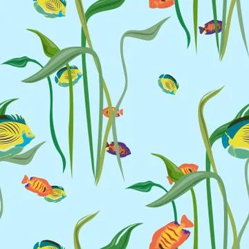 Seamless repeating pattern from a variety of fish and algae 스톡 일러스트