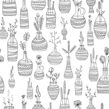 Seamless repeating pattern of vases with ornaments and plants. Stock Illustration