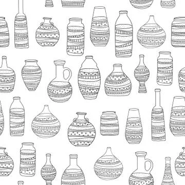 Seamless repeating pattern of vases with ornaments. Stock Illustration