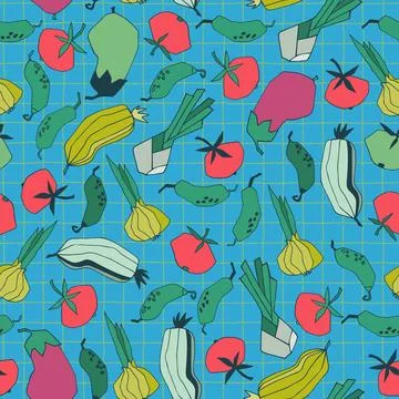 Seamless repeating pattern with vegetables. Abstract trendy illustrations o.. 스톡 일러스트