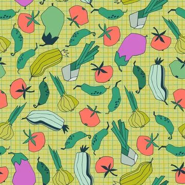 Seamless repeating pattern with vegetables. Stylized vector line art. Abstrac Stock Illustration