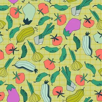 Seamless repeating pattern with vegetables. Stylized vector line art. Abstrac 스톡 일러스트