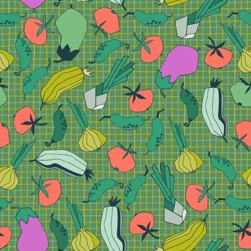 Seamless repeating pattern with vegetables. Stylized vector line art. Abstrac Stock-Illustration